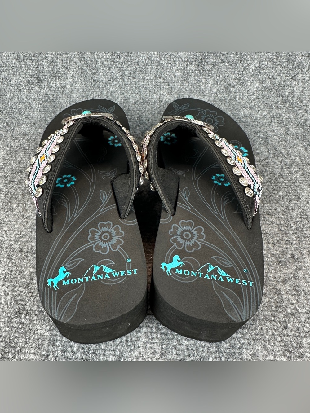 Montana West Beaded Western Wedge Flip Flops Women's Size 7 Black Turquoise - Picture 8 of 16